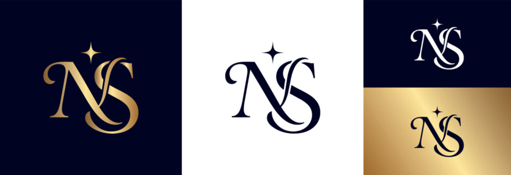 Stylish ns monogram logo, luxury gold and navy blue, ornate design.