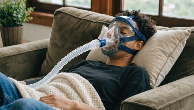 Medium shot of a relaxed patient wearing a fullface BiPAP mask indoors with subtle background defocus emphasizing comfort and temporary therapy during rental period