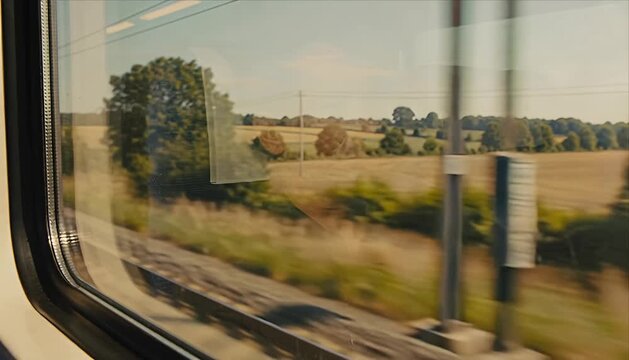 Train window countryside travel reflection passenger motion landscape field summer daylight journey across rural nature horizon outside track scenic transportation vacation speed blur glass view