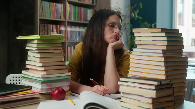 Tired sad Caucasian woman female student stressed studying difficult exam reading books in library exhausted girl in glasses learning problem education overwork fatigue boring literature study indoor