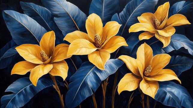 Vibrant yellow magnolias among dark tropical foliage
