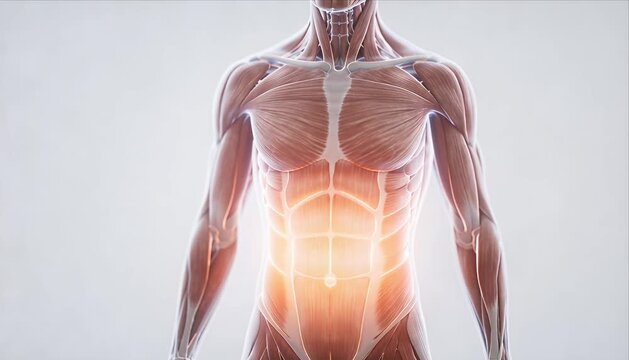 Anatomy human torso muscle abdomen medical healthcare fitness biology science illustration diagram of male body chest rib cage with detailed abdominal muscle structure glowing core concept