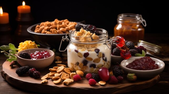 toppings should have an appetizing texture, food props like fruit, honey, jam, granola, nuts, healthy, food, fruit, berry, raspberry, nutrition, blueberries, organic, antioxidant