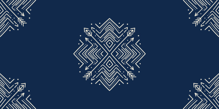 Ethnic tribal geometric pattern with arrows and lines on dark blue background