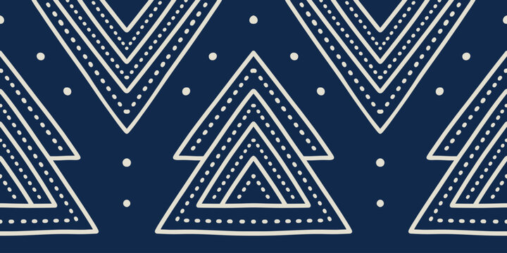 Seamless navy blue tribal geometric pattern with hand drawn white triangles and dots