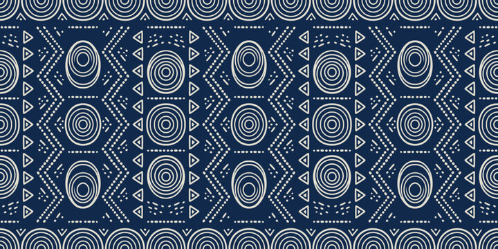 Navy Blue and White Seamless African Tribal Mudcloth Geometric Pattern Textile Background