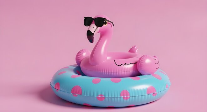 Playful pink flamingo float on a blue donut inflatable a summertime scene with whimsical charm