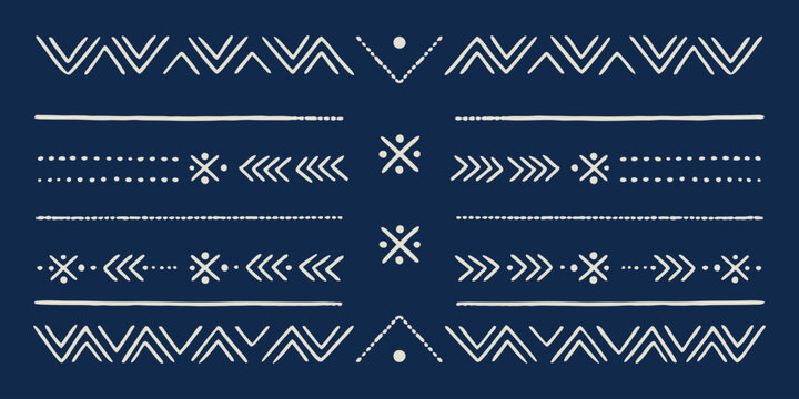 Navy blue and white African mudcloth pattern with hand-drawn ethnic geometric tribal motifs