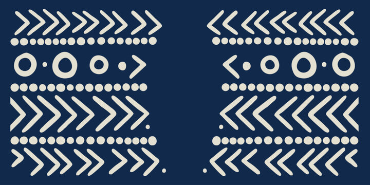 Navy blue and cream tribal mudcloth pattern with geometric chevrons and dots