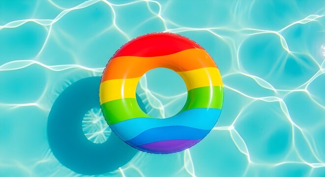 A vibrant rainbow colored inflatable pool float rests peacefully on the surface of clear sparkling blue water evoking summer vibes