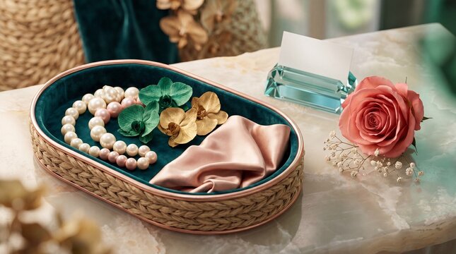 Woven abaca tray with pearl orbs and dried orchids, representing mindful gifting and botanical wellness