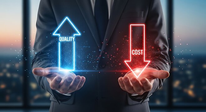 Executive presents glowing blue quality upward arrow and red cost downward arrow over city background, symbolizing corporate strategy and profit