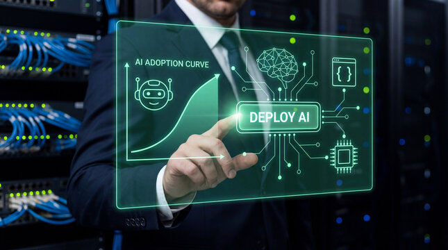 Businessman touching a deploy AI button on a glowing green holographic interface. Corporate executive analyzing artificial intelligence adoption curve and machine learning technology in a server room