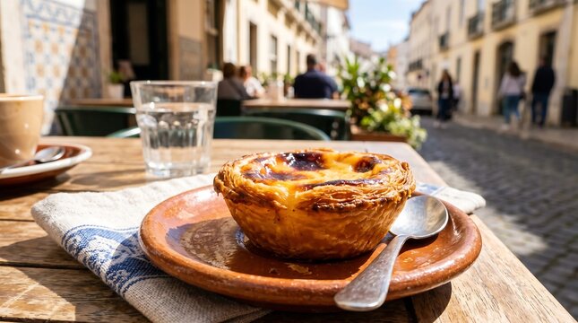 Portuguese custard tart served on a rustic clay plate at an outdoor street cafe. Traditional delicious pastry dessert snack on a wooden table. Culinary travel and local lifestyle.