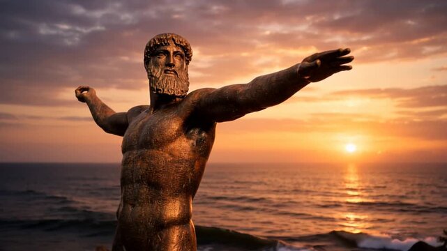 Statue inspired by the Artemision Bronze at sunset