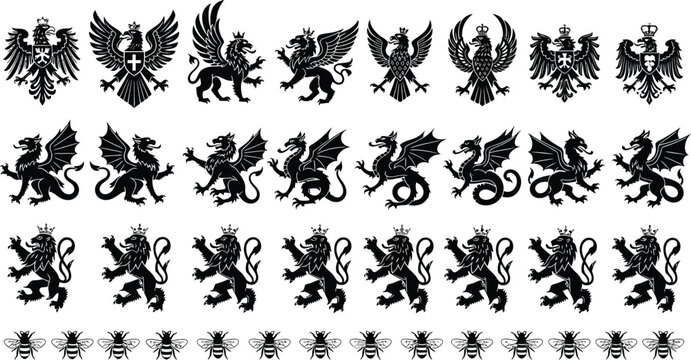 Black and white heraldic eagle and griffin collection Vector