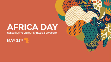 Naklejka premium Joyful graphic celebrating Africa Day, highlighting the continent's profound unity, vibrant heritage, and diverse cultural tapestry with abstract patterns