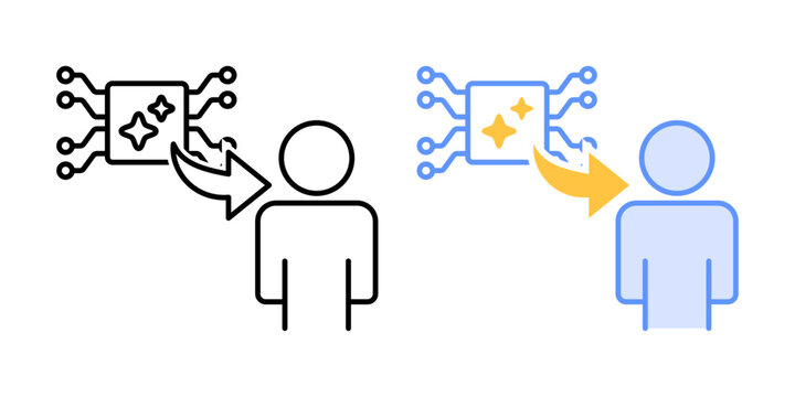 Fallback to human symbol. AI node redirected to human figure via arrow. Escalation from AI to human control. Simple geometric illustration.