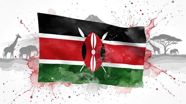 Animated collection of Kenyan flags waving amidst wildlife silhouettes with colorful splash effects