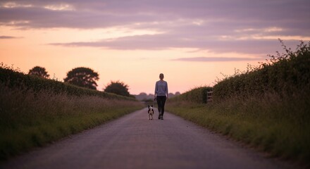 Obraz premium Serene Evening Stroll A Person and Their Loyal Dog Enjoying a Peaceful Country Lane at Sunset