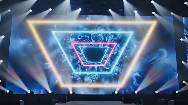 Abstract Blue Nebula Tunnel with Neon Geometric Shapes and Stage Lights.