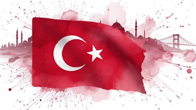 Dynamic collection of Turkish flags with splashes and Istanbul skyline in watercolor style