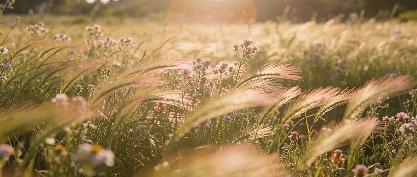 Dreamy meadow grass wildflower field nature sunlight summer landscape rural countryside meadow grass and wildflower field warm sunlight with dreamy summer glow gentle breeze movement creating peaceful