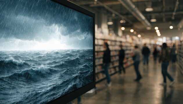 Display of a single movie preview monitor mounted on a wall in a rental store sharply focused with customers and aisles softly blurred beyond.