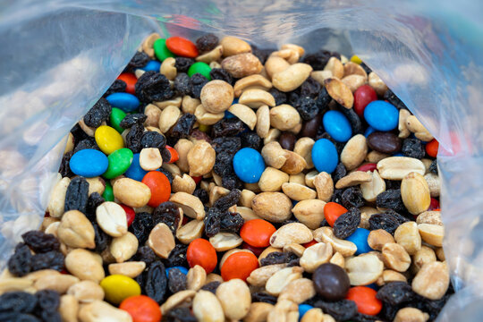 Inside a plastic bag filled with GORP trail mix