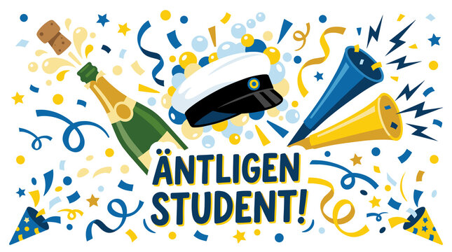 &Auml;ntligen student Swedish text, Swedish studentm&ouml;ssa graduation banner in Scandinavian style
