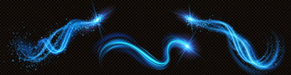 Glowing blue neon light trails with sparks and starbursts on transparent background for design and decoration  abstract shiny curves and swirls © Mahmud