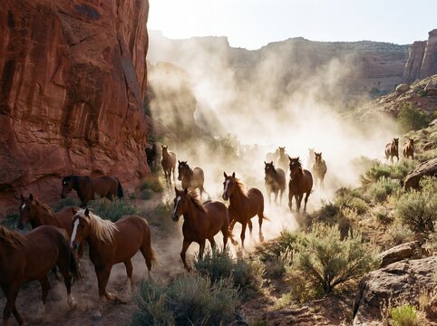 Herd of wild horses running through a dusty desert canyon. Galloping mustangs in the American West with dramatic sunlight and red rocks
