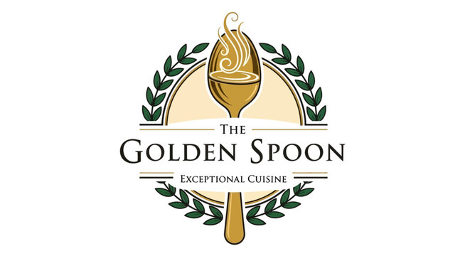 Golden spoon logo with laurels.