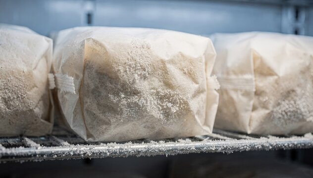 Medium shot of frozen food packages wrapped with biobased barrier paper showing frost resistance and natural material innovation in cold storage.