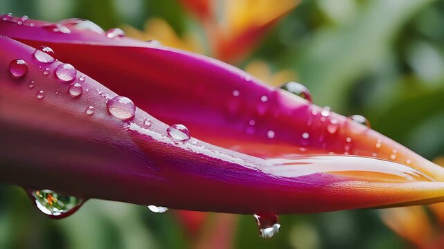 Closeup of a vibrant pink and orange flower bud with glistening water droplets after rain.