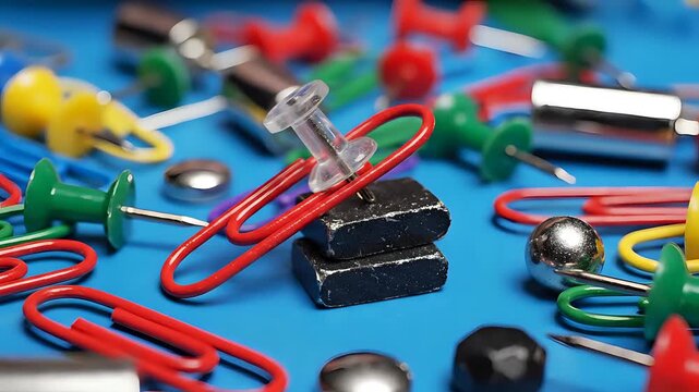 Closeup of colorful office supplies including paper clips and push pins scattered on a blue surface.