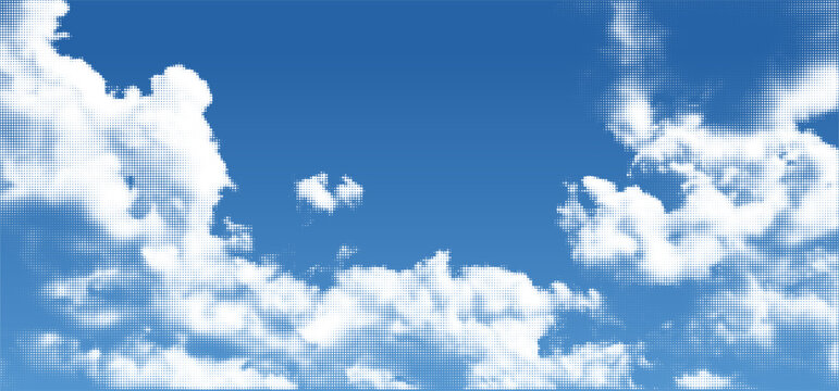 Halftone Cloud Sky Pattern. Blue Pixel Background. Abstract Vector Comic Clouds Gradation on Blue Gradient Summer Sky.