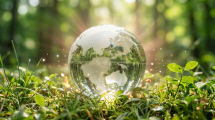 Naklejka premium Sustainable green energy business sustainability innovation ecology conservation concept glass globe forest floor sunlight bokeh for eco strategy