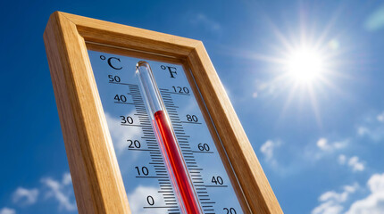 Fototapeta premium Extreme summer heat wave thermometer hot sun temperature climate change weather sky. Heat wave extreme summer, sun high temperature hot weather, global warming, heat stroke
