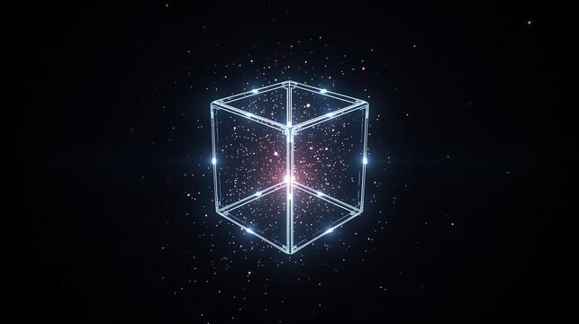 Abstract glowing wireframe cube with internal particles radiating light against a dark, cosmic background representing digital data or quantum computing concepts