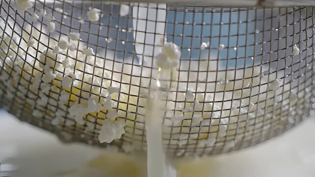 Closeup of Water Draining Through a Metal Sieve with Food Particles.
