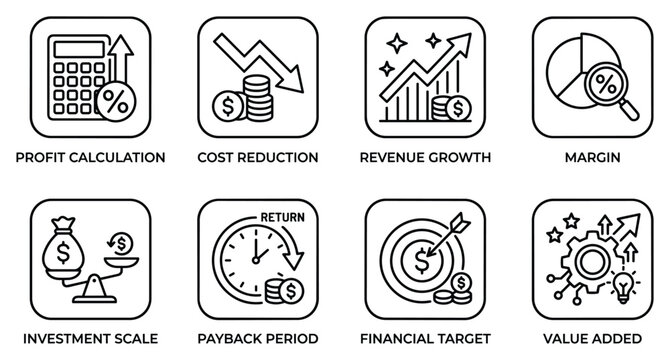 Business finance icon set profit calculation cost reduction revenue growth margin investment scale payback.