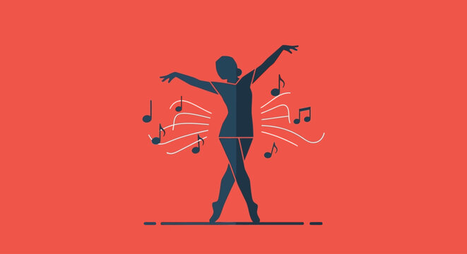 Minimalist silhouette of an elegant female dancer with abstract musical notes on a red background.