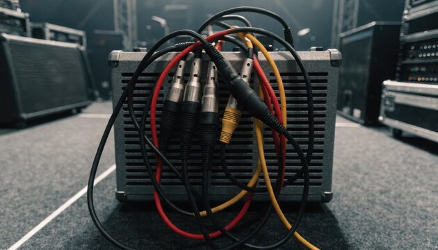 Medium frame with sharp focus on intertwined XLR cables plugged into heavyduty audio amplifier surrounding equipment and dim lights softened in background for concert gear prep.