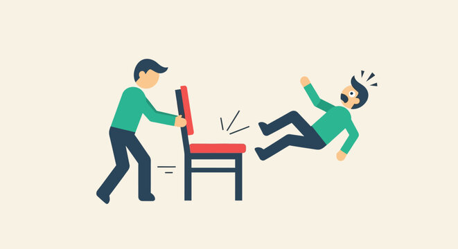 Man pulls chair away causing another man to fall, a humorous prank illustration.