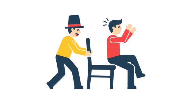 A man pulls a chair from under another, creating a surprise prank.