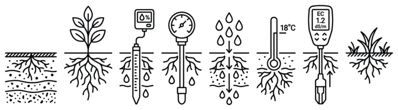 Collection of soil testing instruments including thermometer moisture meter and ph meter for plant care.