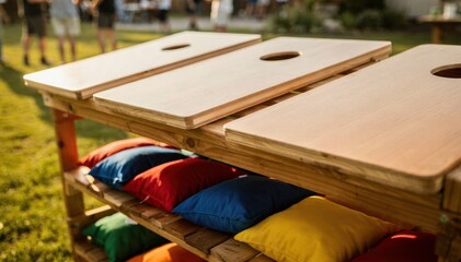 Naklejka premium Closeup medium shot of cornhole boards neatly arranged on rental shelves with colorful bean bags slightly out of focus in a lively backyard setting.