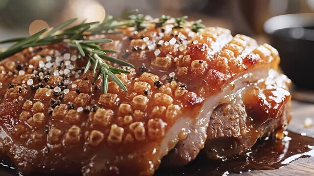 Delicious Crispy Pork Belly Roasted to Perfection with Rosemary Garnish.