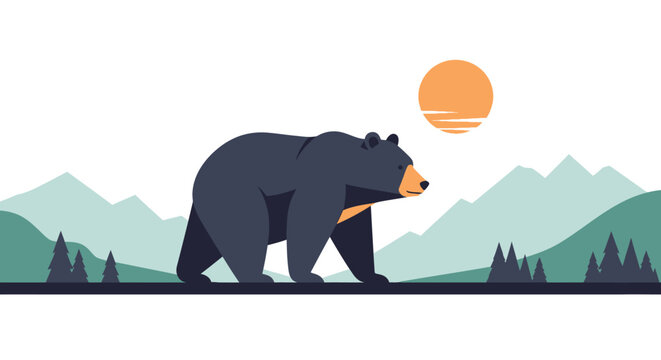Black bear walking in minimalist mountain landscape at sunset